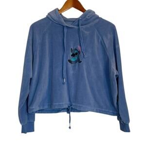 Disney Stitch Hoodie Sweatshirt Women Large Blue Velour Crop 626 Lilo‎ Hawaii